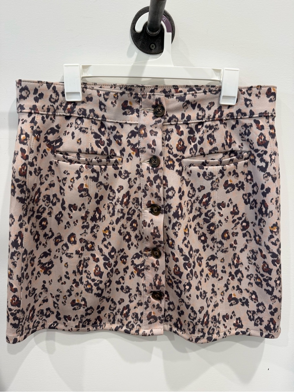 Leopard Print Button-Front Mini Skirt - Taupe/Pink